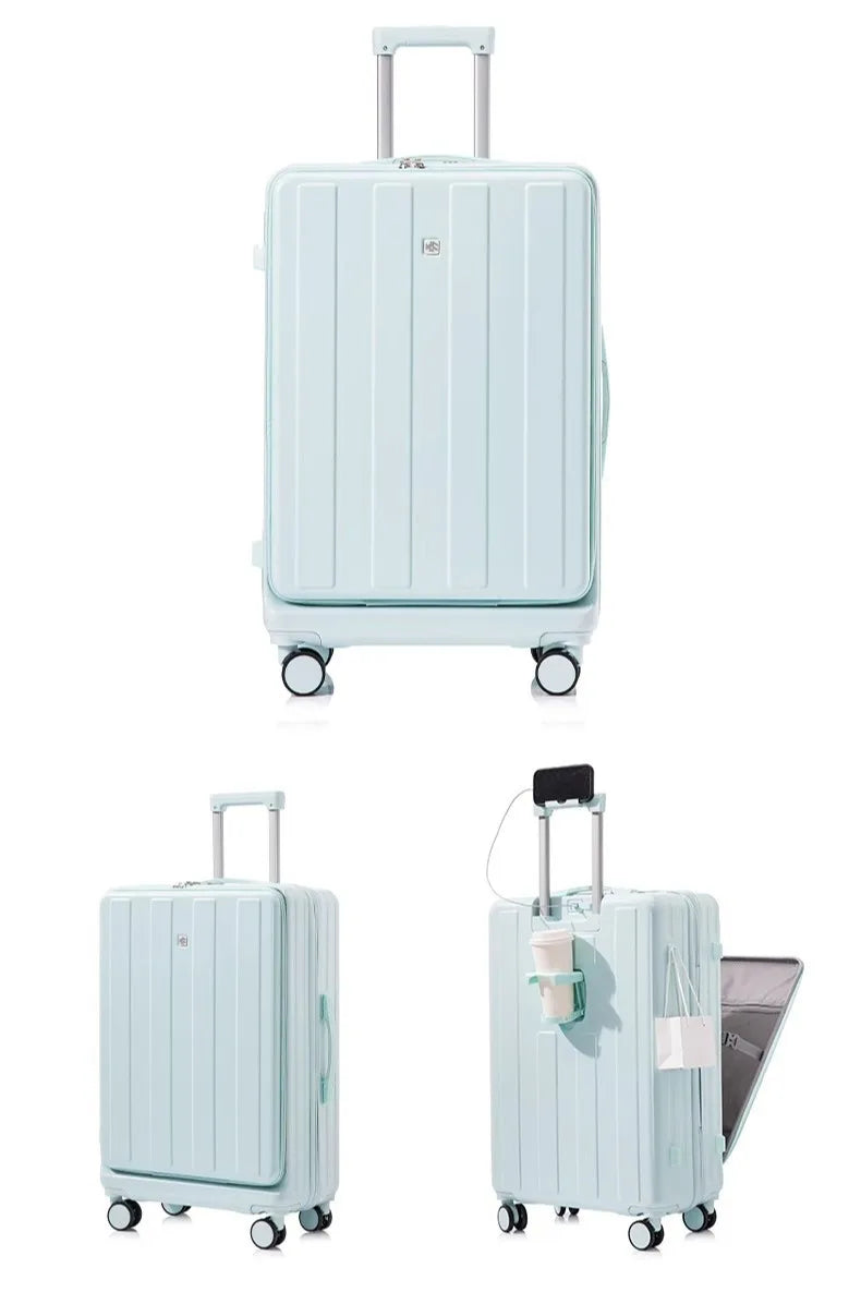 Multifunction Large Capacity Luggage Business Carry on Boarding USB Charging Cup Holder Front Opening Lid Trolley Suitcase