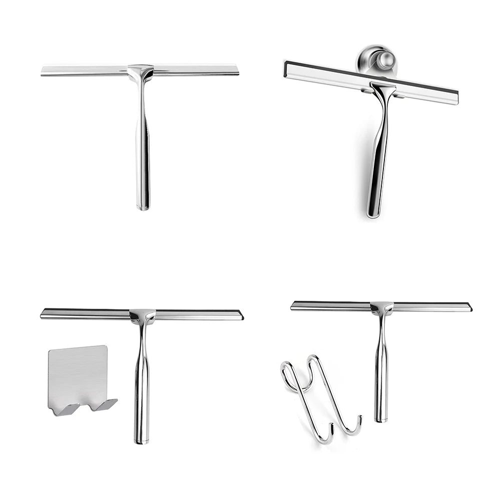Stainless Steel Shower Squeegee Glass Wiper Scraper Cleaner Brush Multifunctional Bathroom Mirror Wiper Scraper Glass Cleaning