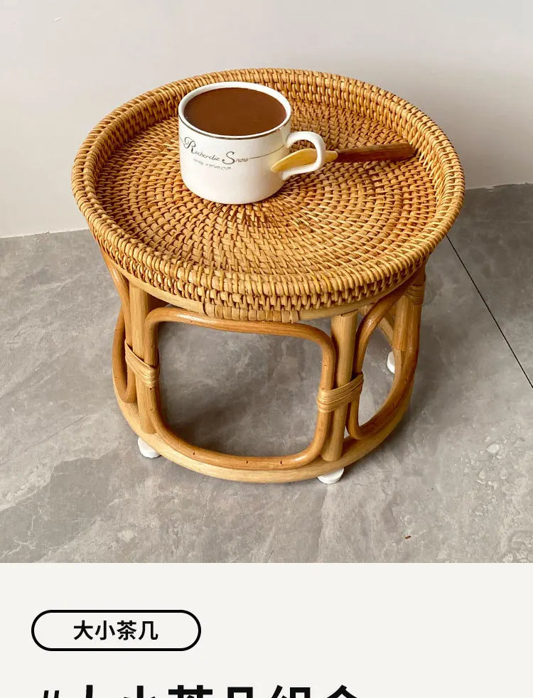 Handwoven Rattan Balcony Side Table Vintage Sofa Coffee Table  Durable Dessert and Snack Stand Japanese  Bedroom Organizer