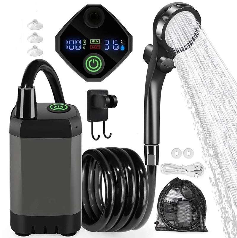 Portable camping shower equipment, 6000mAh rechargeable, LED display screen, outdoor simple electric mobile shower set