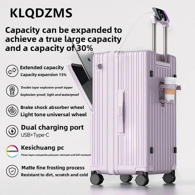 KLQDZMS Cabin Suitcase 20"22"24"26"28"30 Inch Large Capacity Trolley Case USB Charging Boarding Box Front Opening Luggage
