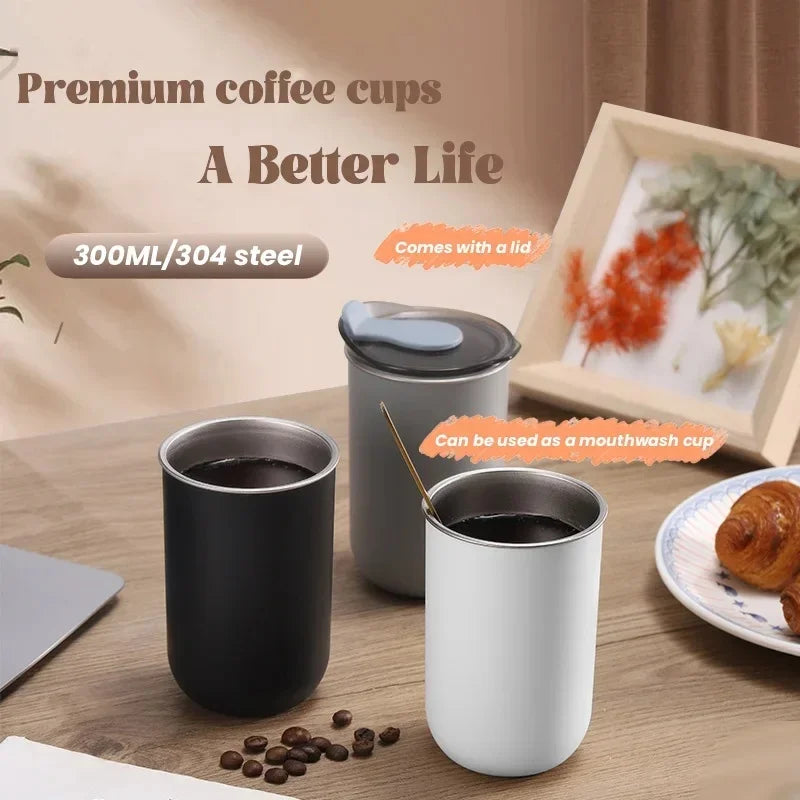 300ml Stainless Steel Coffee Mug Cup with Lid Simple Insulated Coffee Mug Non-slip Leak-proof Multipurpose Handy Cup Drinkware