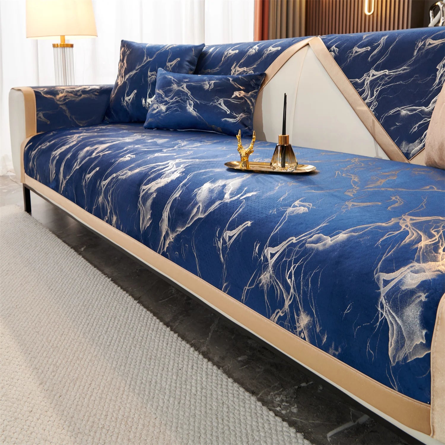 Marble Lines print velvet Sofa Cover for L Shape Sofa Covers Couch covers Slipcover Anti-Slip  Living Room 4 Seasons