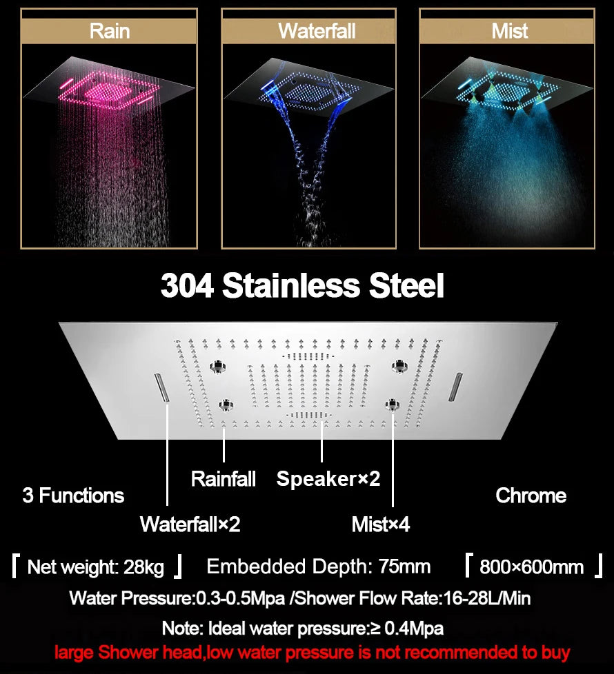 M Boenn Large 23 ×31 Inch Music LED Shower Head Rainfall Thermostat Shower System Bathroom Faucet Set Powerful Massage Body Jet