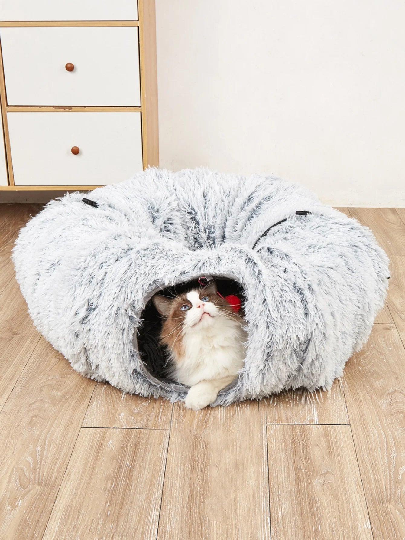 Winter Plush Cat Bed with Tunnel for Indoor Cats, Multifunctional Cat Tunnel Bed with Peephole, Fluffy Donut Cat Bed with Tunnel