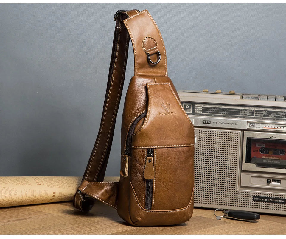 HUMERPAUL New Men's Chest Bag Crossbody Pack Genuine Leather Large Capacity Casual Messenger Bag Retro Men Handbag Shoulder Bag