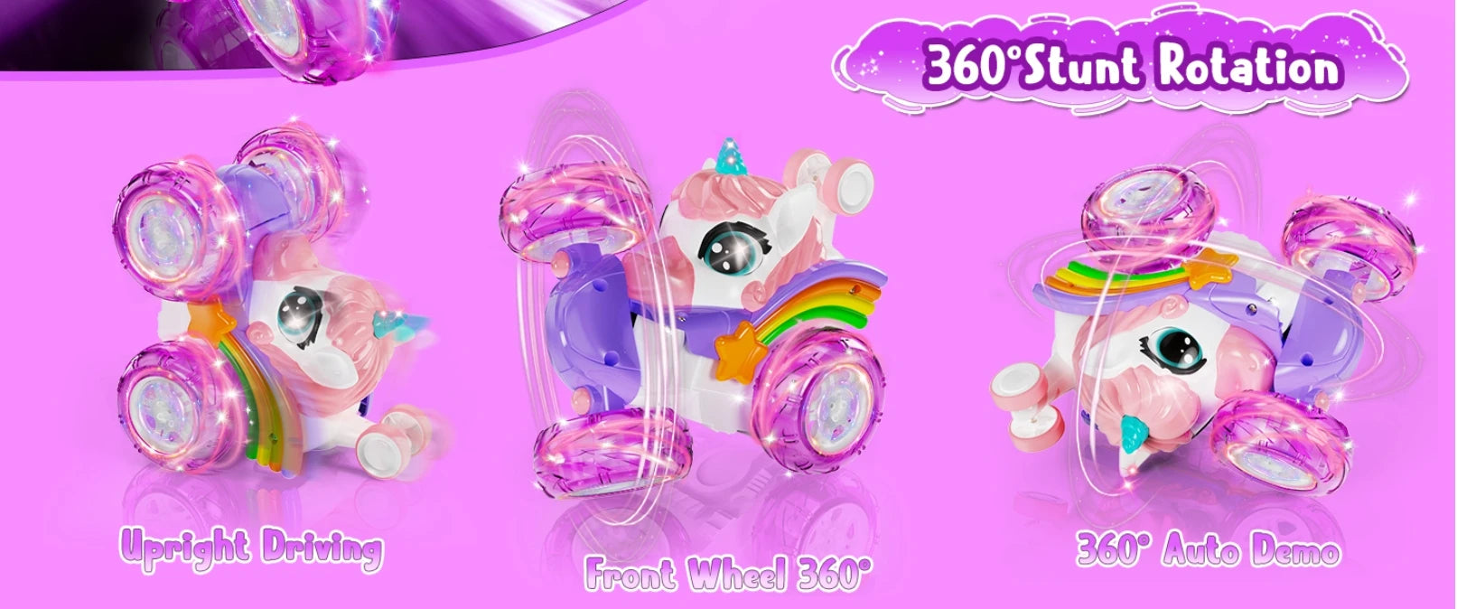 Unicorn Remote Control Car for Girls, 360° Rotating 4WD Stunt RC Cars with Cute Lights, Rechargeable Toys-Kid Birthday Gifts