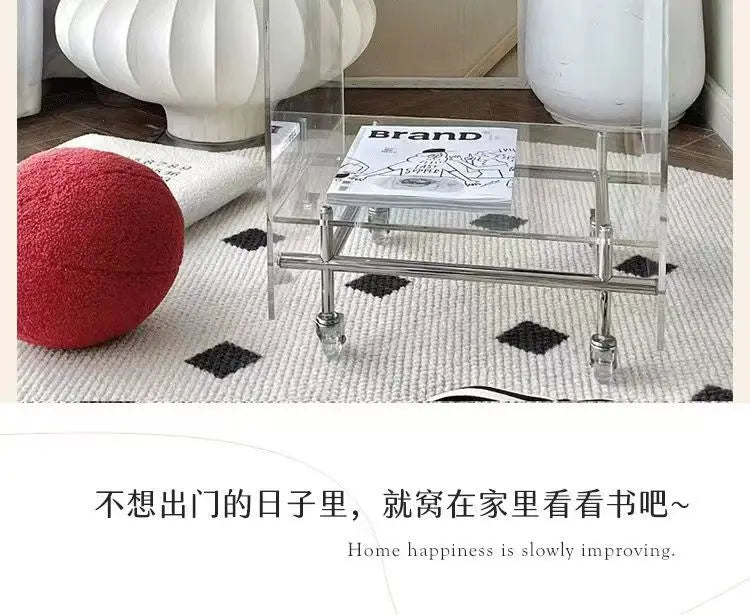 Acrylic Side Table Transparent Trolley Style Living Room Coffee Table Storage Cabinet Mobile Bedside Table Minimalist