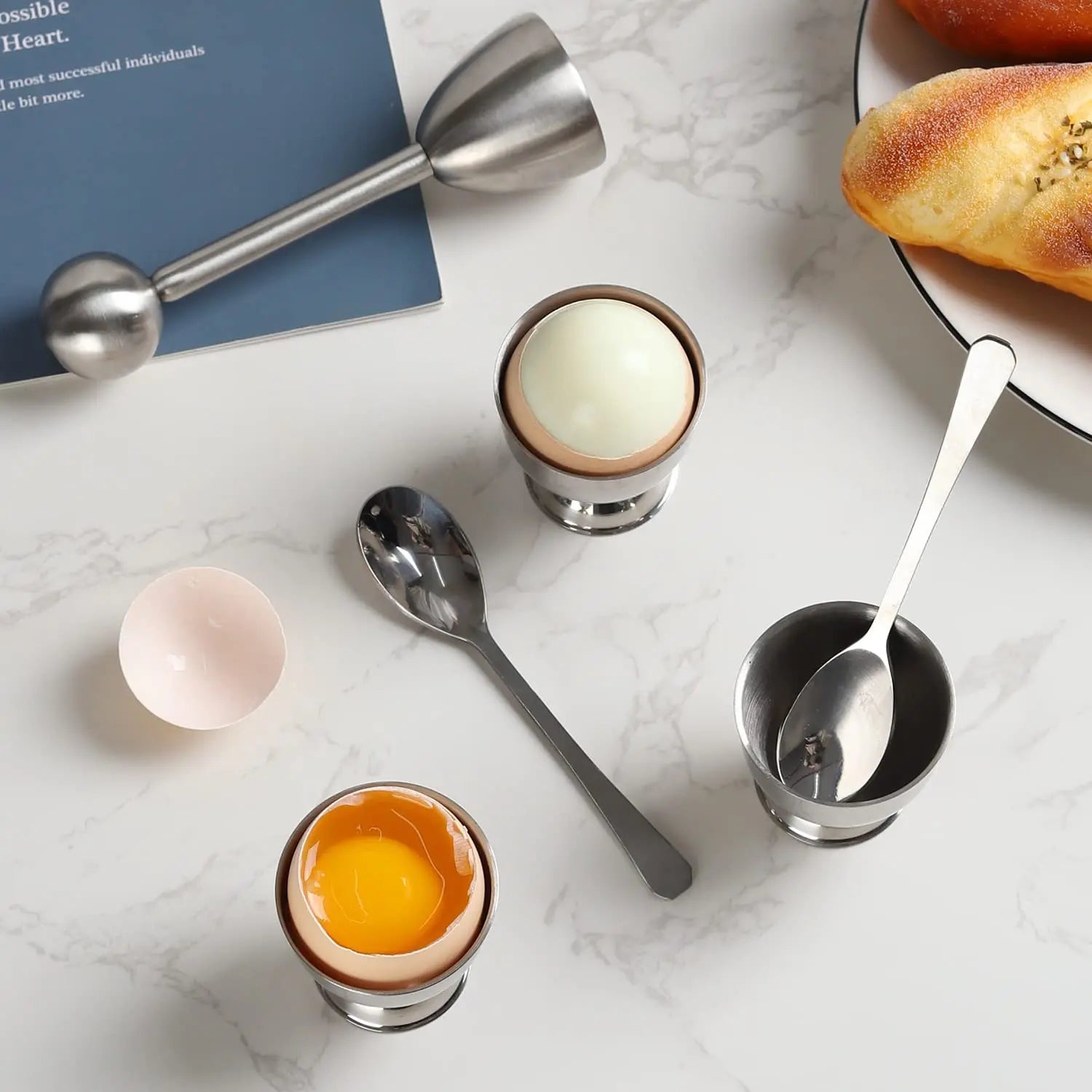 Egg Cup Topper Set Stainless Steel Soft Hard Boiled Egg Separator Holder with Egg Timer Spoon Cup Kitchen Gadget Tools