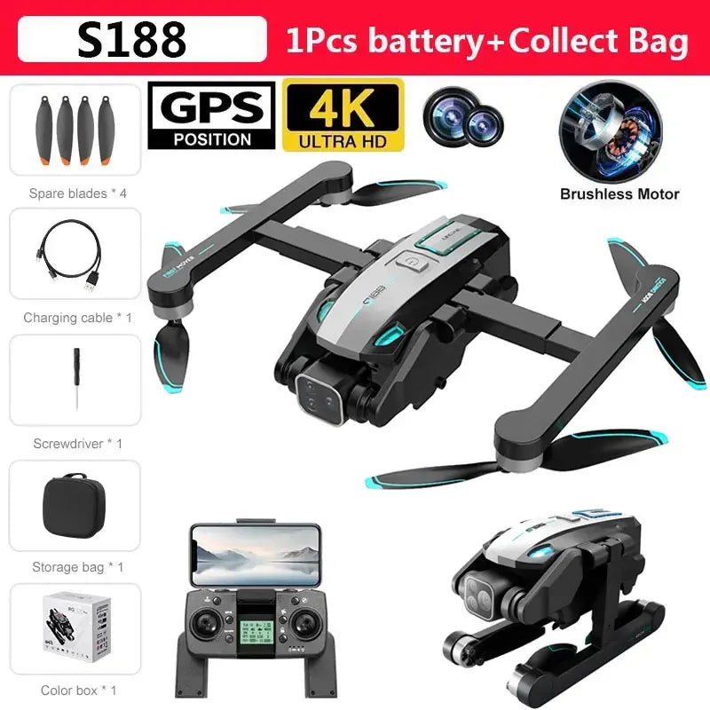 S188 Drone 8K Professional HD Dual Camera 5G GPS Wifi Obstacle Avoidance Brushless Foldable Quadcopter RC Distance 2KM Dron Toys