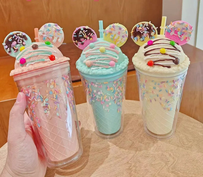 450ml Cute Straw Cup,Ice Cream Lids for Stanley Tumbler,Reusable Plastic Cups,Summer Drinkware Cold Brew,Girl Water Bottle Gift