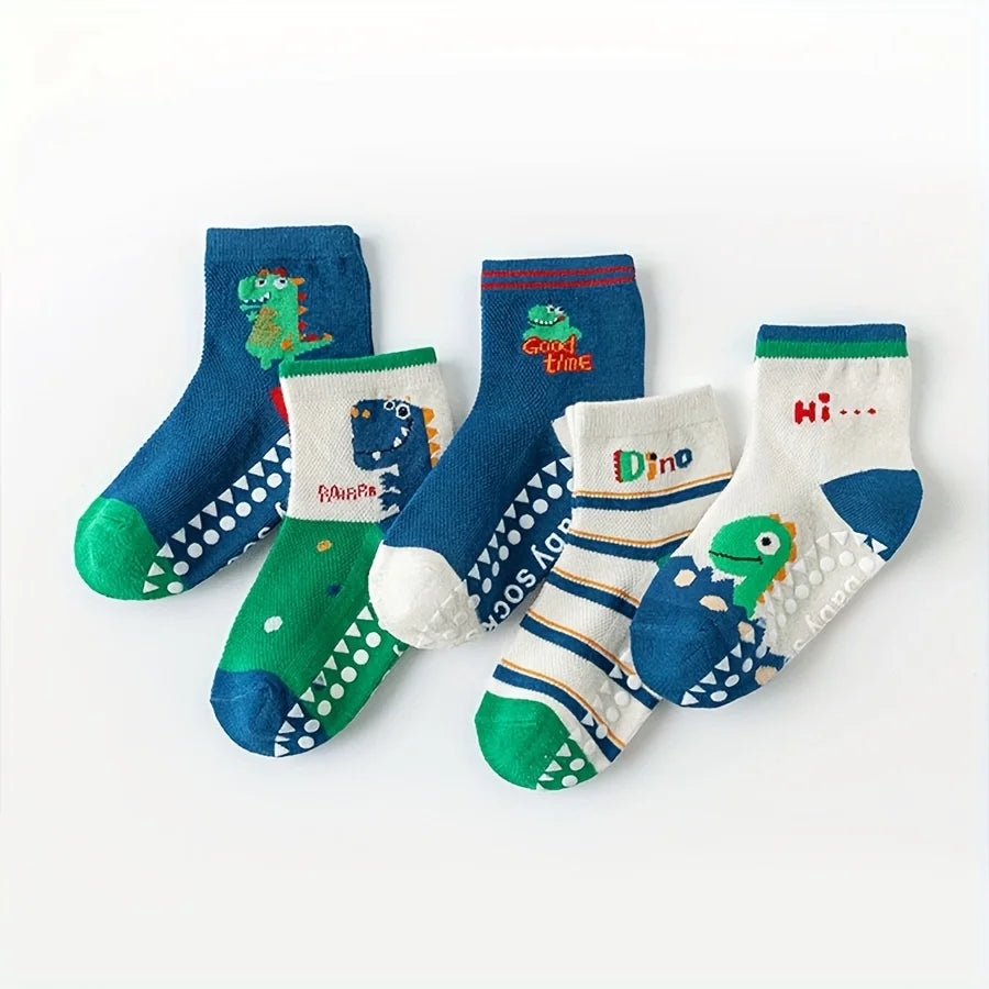 5 Pairs of Floor Socks Cartoon Glue Floor Socks Letter Stripes Animal Dinosaur Baby Socks for Boys and Girls Soft Bottom Indoor Non-Slip Socks Suitable for Daily Life