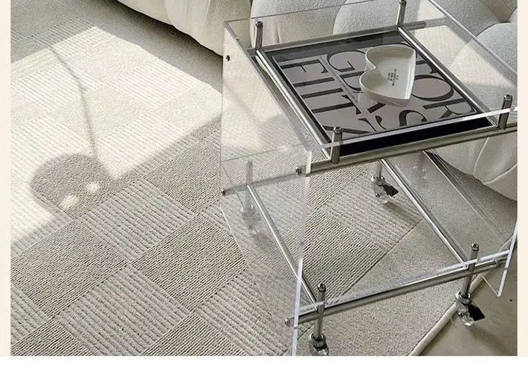 Acrylic Side Table Transparent Trolley Style Living Room Coffee Table Storage Cabinet Mobile Bedside Table Minimalist