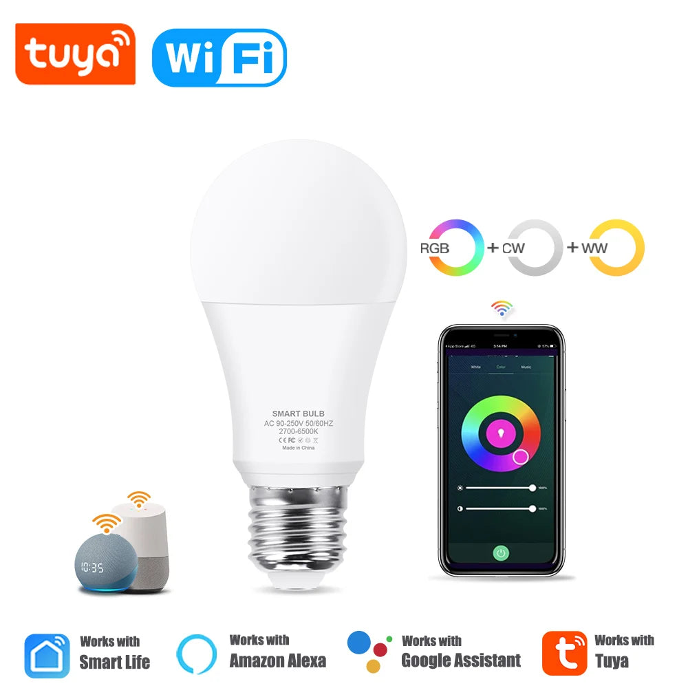 15W WiFi Smart Led Light Bulb E27 LED RGBCW Smart Bulb Voice Control Via Google Home Tuya Smart Life App Alexa RGB Lamp 110-220V
