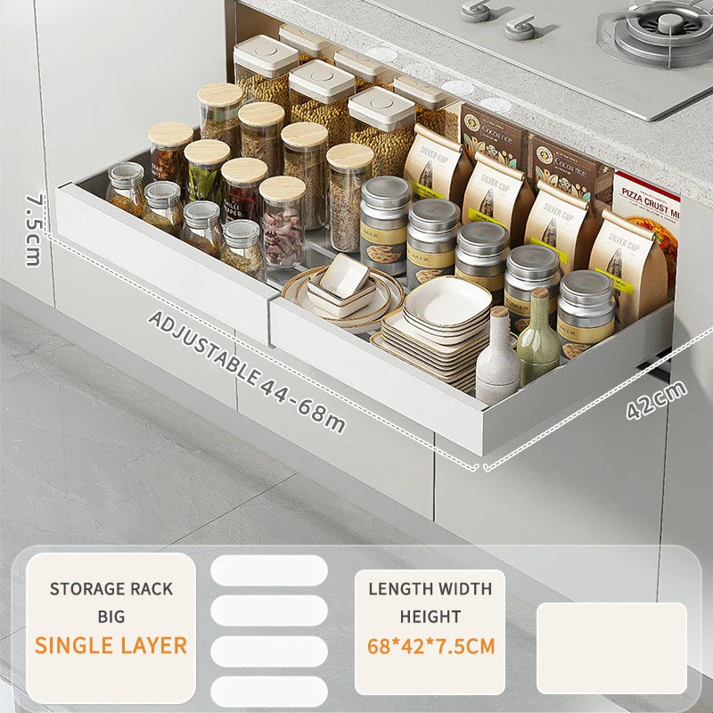 Household Metal White Adjustable Pull Out Kitchen Cabinets Mesa Slide Spice Rack Tableware Storage Drawers Organization Basket