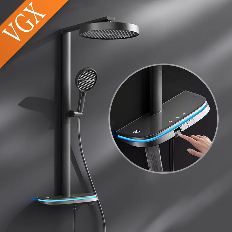 VGX Thermostatic Shower System Intelligent Digital Bathroom Shower Faucet Set Temperature Display Rainlfall Bathroom Shower Set