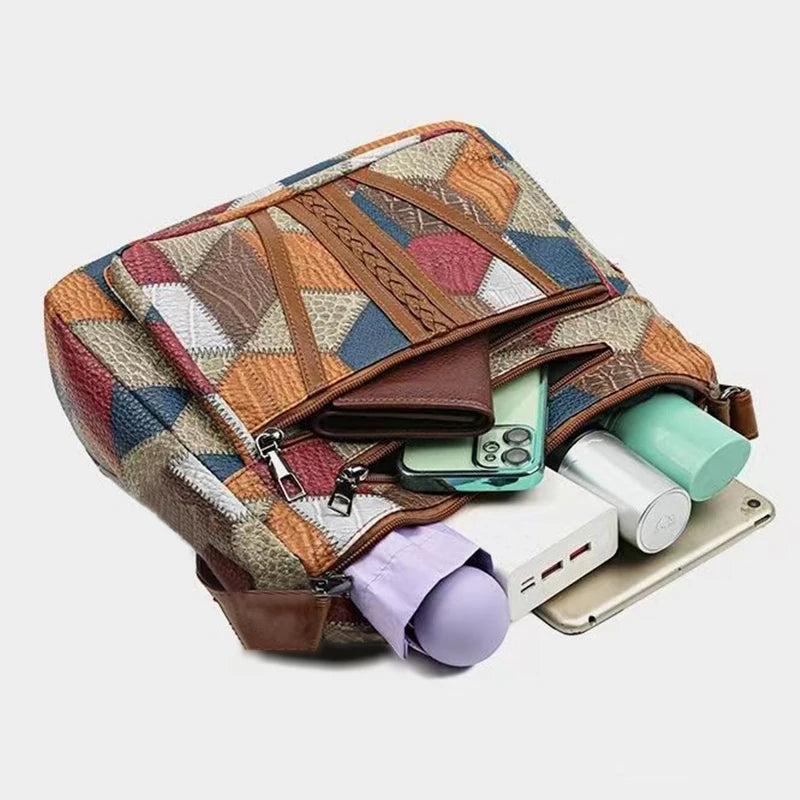 Neutral style backpack for moms with a strap design. Single shoulder bag with a patchwork pattern. Adjustable shoulder strap.