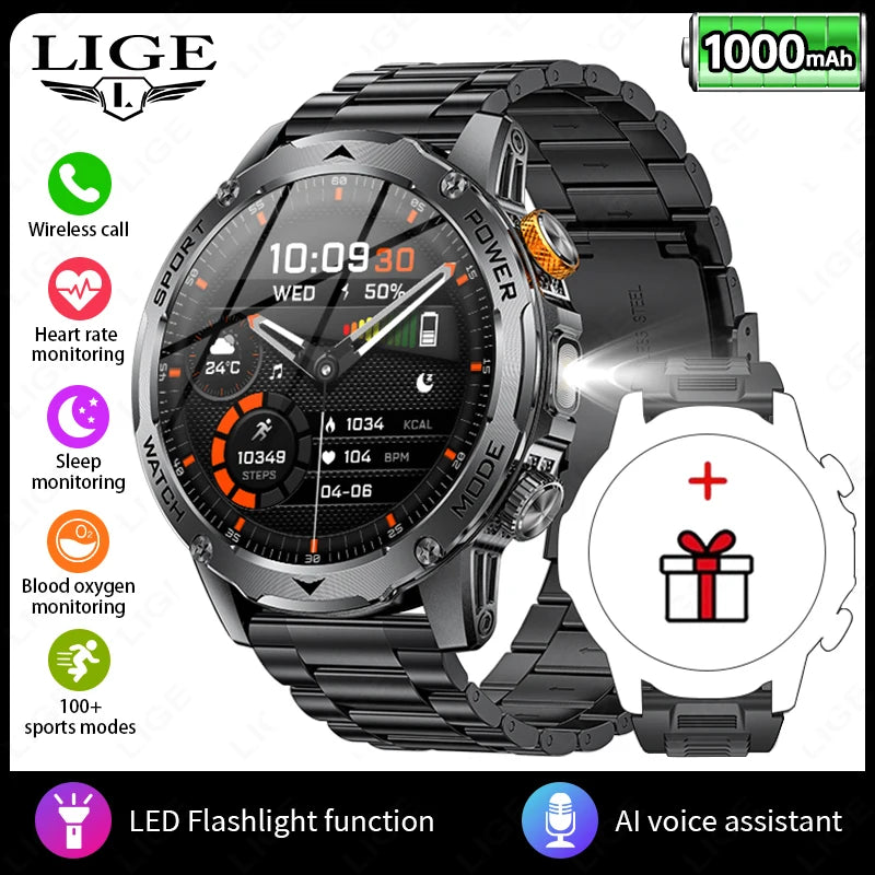 LIGE 2025 New For HUAWEI Xiaomi 1000mah AMOLED Smart Watch Men Sports Fitness LED Flashlight 3ATM Waterproof BT Call Smartwatch