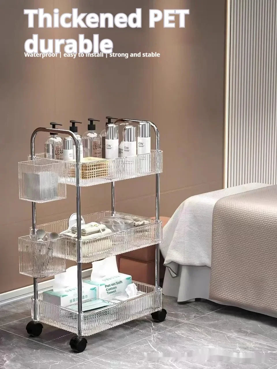 3 Layers Transparent Storage Rack Trolley Acrylic Rolling Cart with Hanging Basket Bathroom Acrylic Makeup Bookshelf organizer