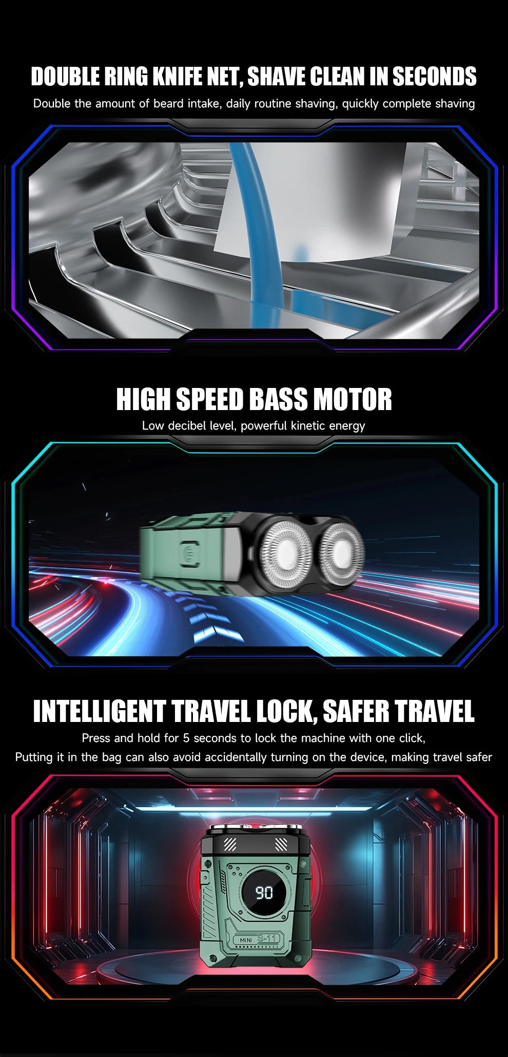 Magnetic Double Blade Electric Shaver for Men Mecha Punk Style Rechargeable LCD Portable Beard Trimmer Face Beard Razor Knife