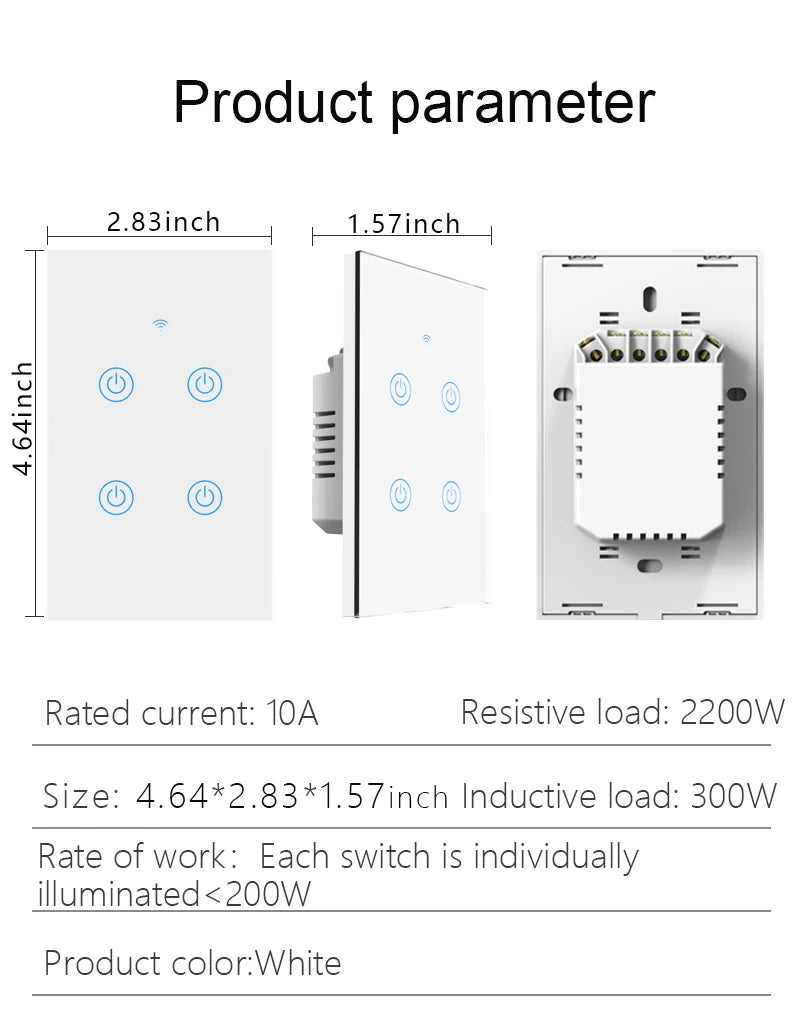 WiFi&Buletooth US Standard Touch Panel Switch Smart Switch Panel 1/2/3/4 Way Works With Tuya Compatible with Google Home