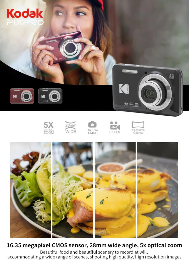 KODAK PIXPRO FZ55-RD 16MP Digital Camera 5X Optical Zoom 28mm Wide Angle 1080P Full HD Video 2.7" LCD Vlogging Camera