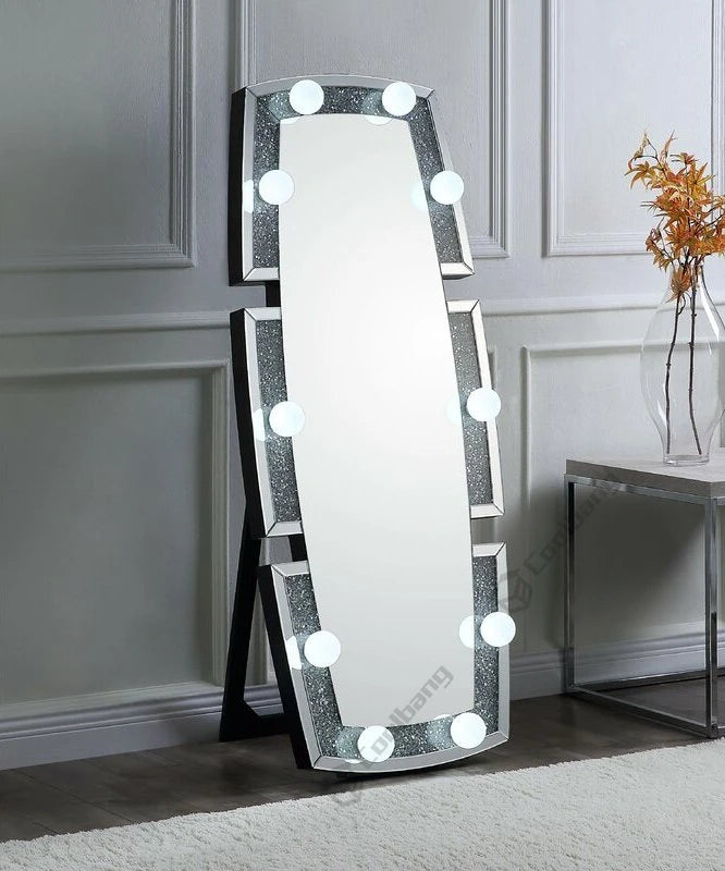 Hot Sale Crushed Diamond Hollywood Luxury Style Dressing Mirror LED Bulbs Floor Mirror