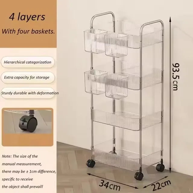 3 Layers Transparent Storage Rack Trolley Acrylic Rolling Cart with Hanging Basket Bathroom Acrylic Makeup Bookshelf organizer