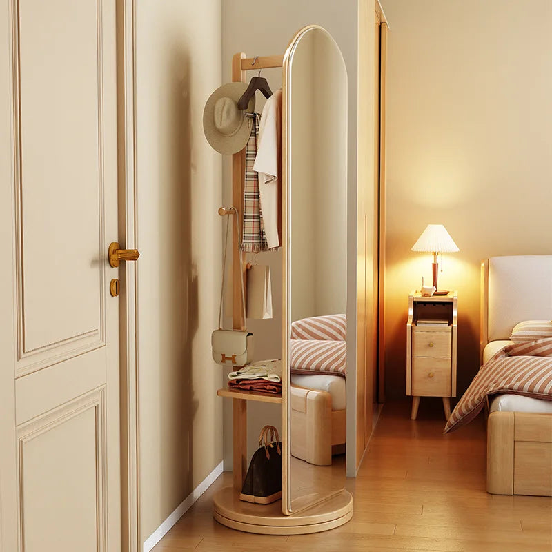 Solid wood full-body mirror floor mirror bedroom home rotatable full-length mirror hanging hanger integrated