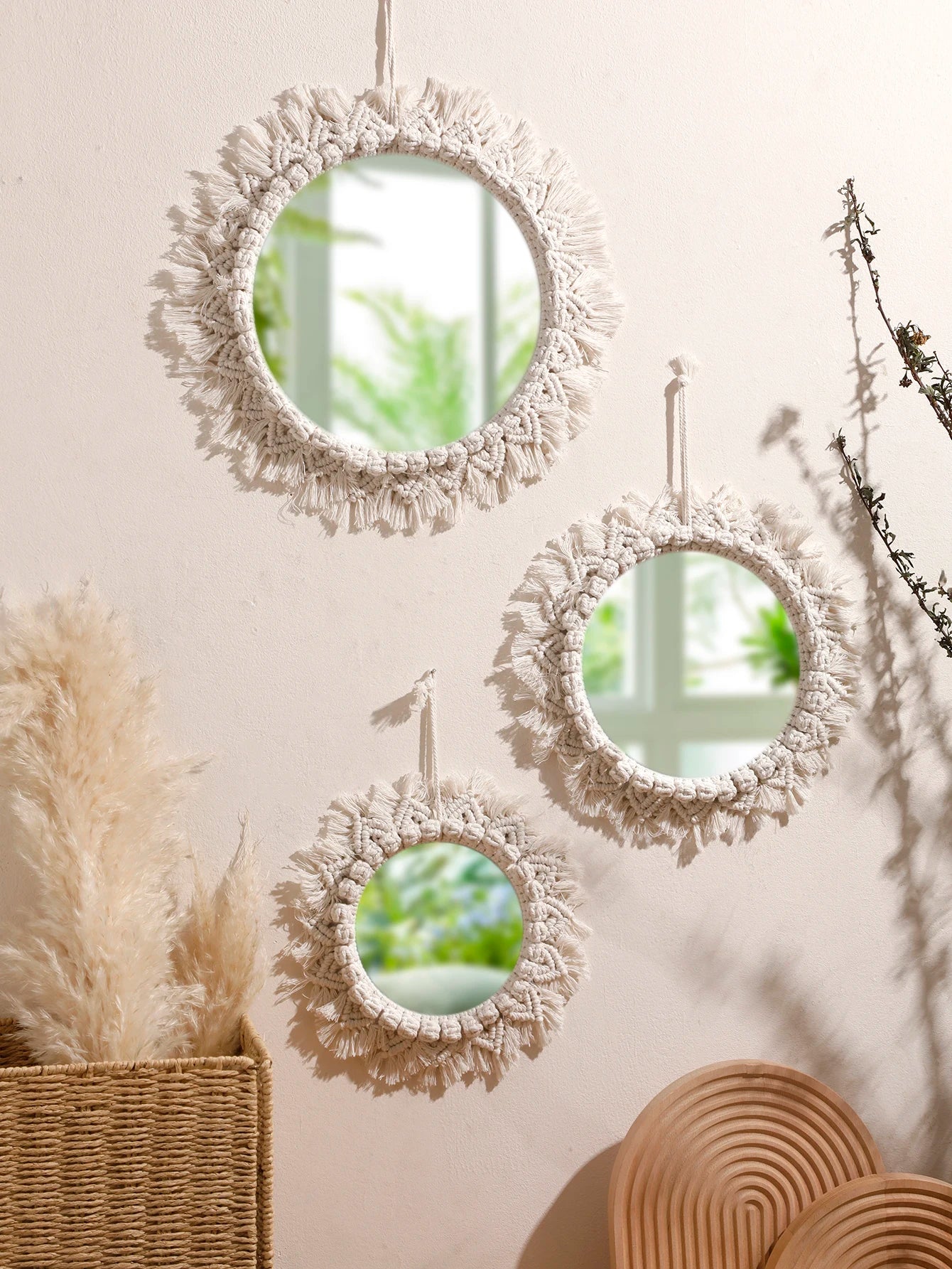 Boho Hand Woven Macrame Decorative Mirrors Wall Hanging Home Decoration Nordic Bedroom Living Room Wall Tapestry Crafts Decor