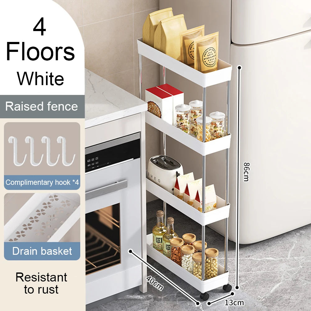 3/4 Tier Movable Gap Storage Rack Rolling Utility Cart Storage Shelf Kitchen Bathroom Slim Slide Organizer Shelf Livingroom