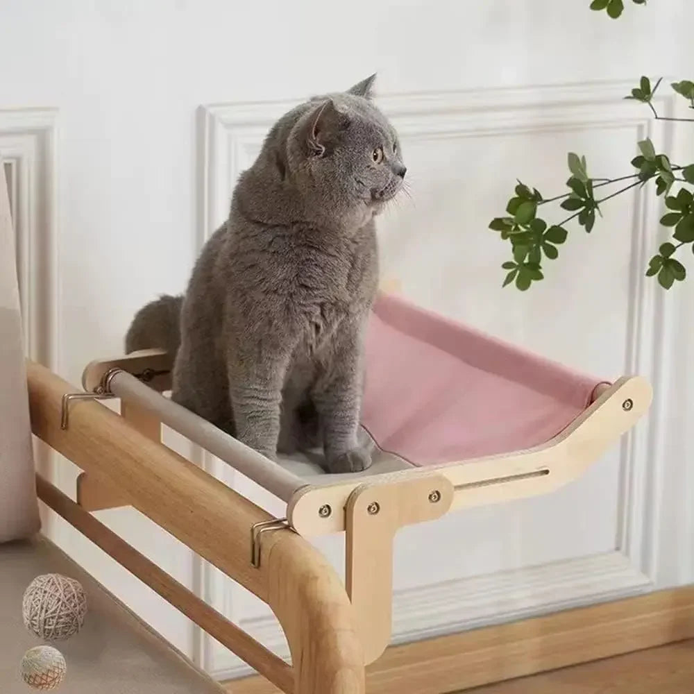 Cat hammock with pet window, Cat hanging hammock with detachable balcony, wooden stand, indoor turndown bed, pet nest