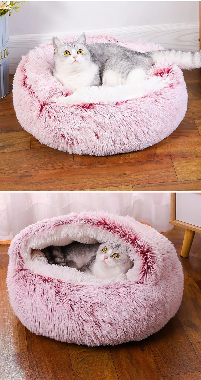 Snooze Cat Bed Round Plush Fluffy Hooded Cozy Cat Bed Cave for Indoor Donut Self Warming Small Dog Bed Anti-anxiety for Winter