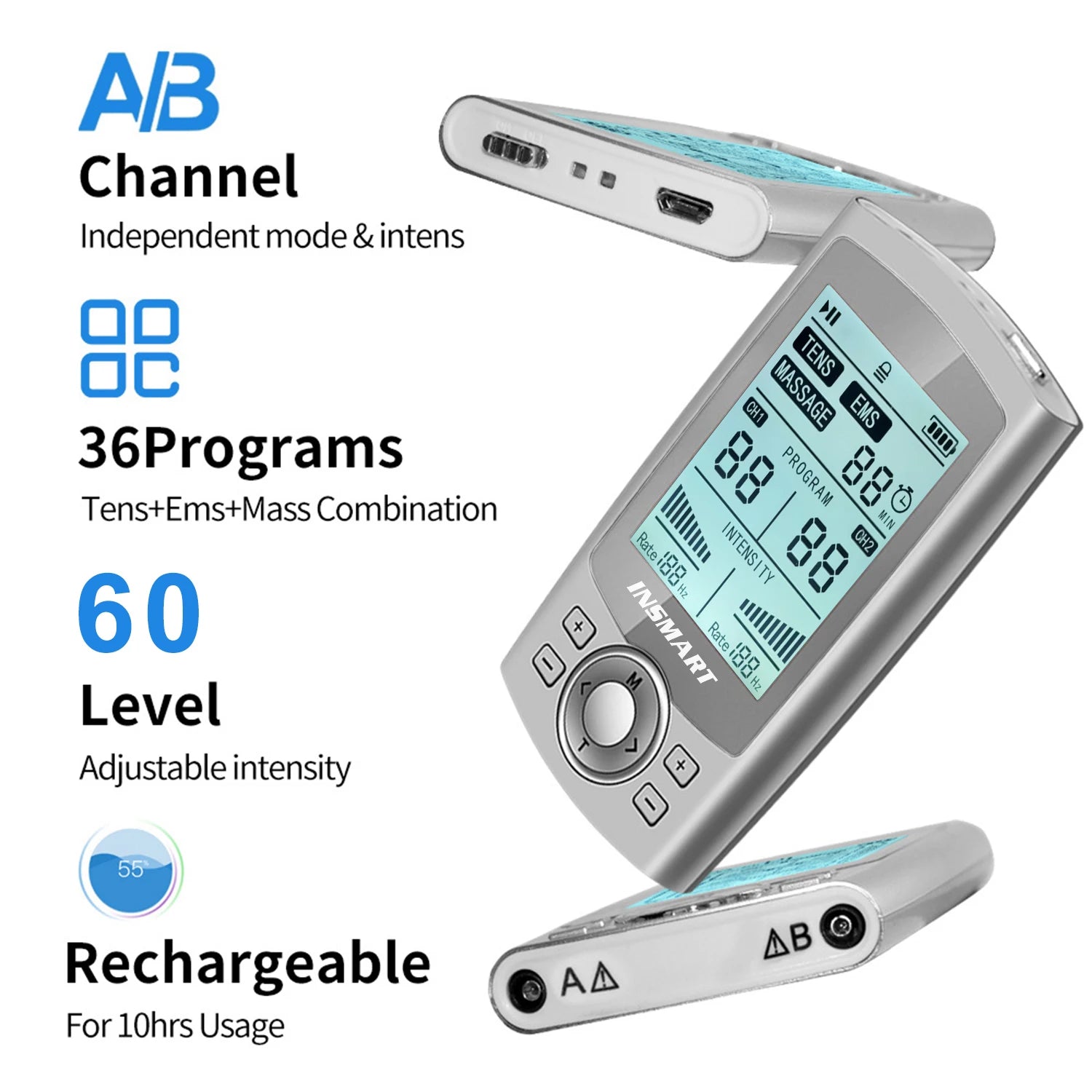 INSMART TENS 60 Modes Tens Muscle Stimulator Shoulder Neck Massage Relax Body Massager EMS Digital Therapy Slimming Machine