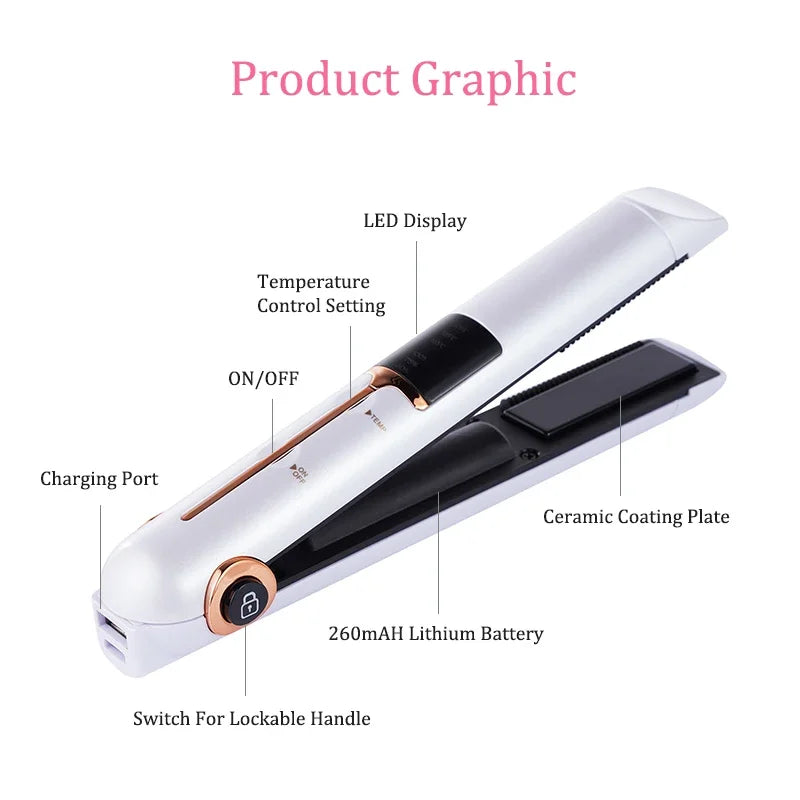 Portable Wireless Hair Straightener With Power Bank Function Rechargeable Hair Straightening Curling Flat Iron For Home Travel