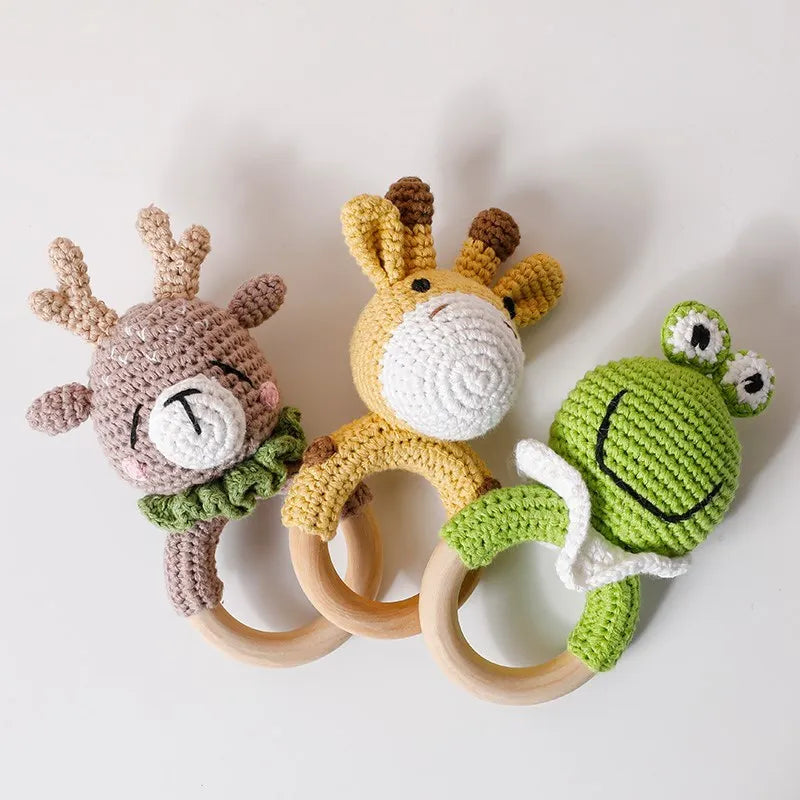 Let's Make Baby Rattles Crochet Bunny Rattle Toy Wood Ring Baby Teether Rodent Baby Gym Mobile Newborn Educational Rattles Toys
