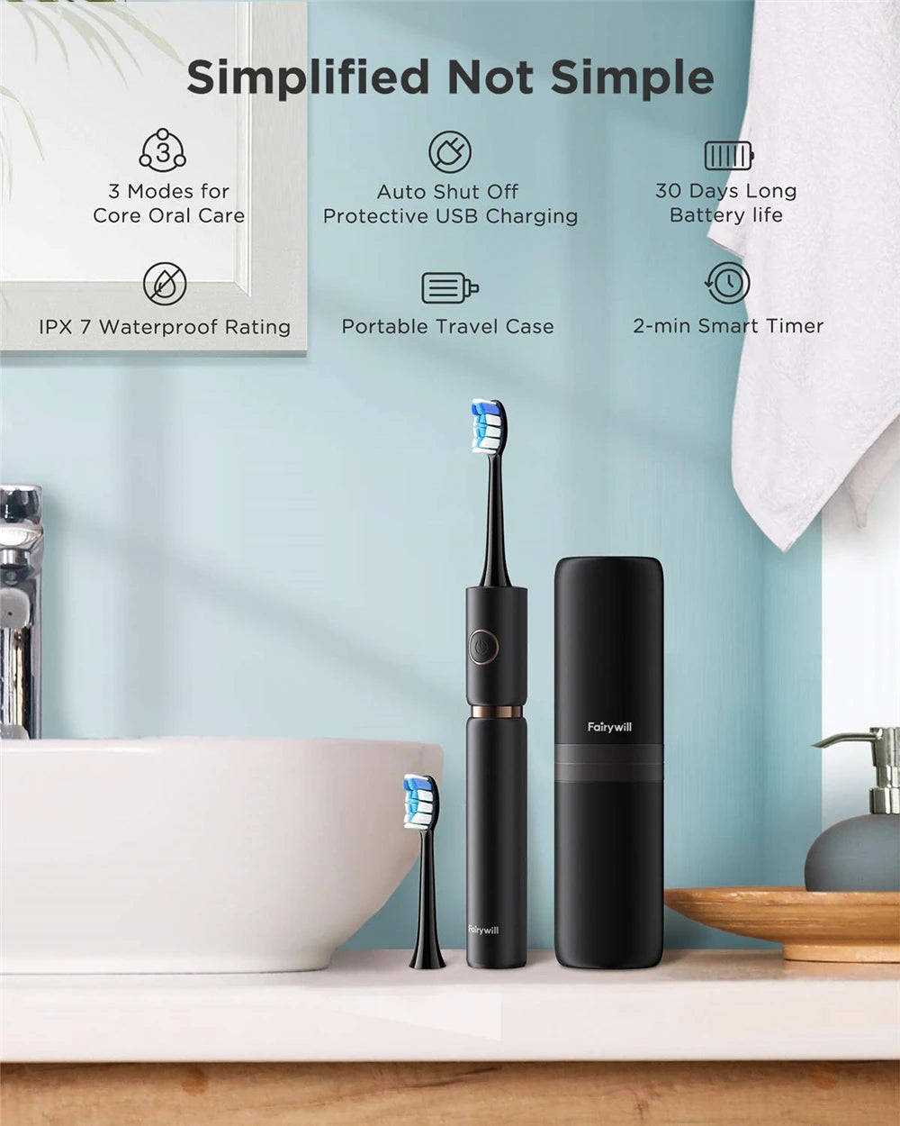 Fairywill P11 Sonic Whitening Electric Toothbrush Rechargeable USB Charger Ultra Powerful Waterproof 8 Heads and 1 Travel Case