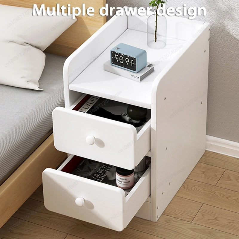 Minimalist Ultra Slim Nightstand Modern Narrow Bedside Table with Open Shelf and Drawers Space Saving Storage for Small Bedroom