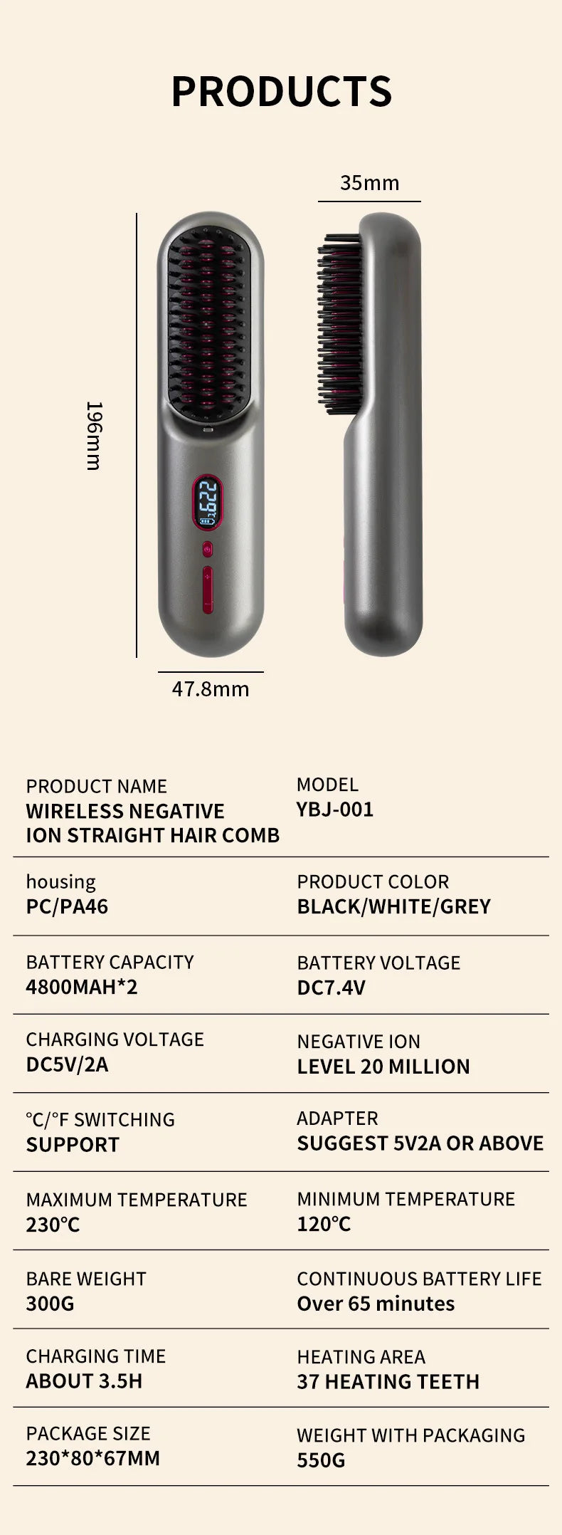 Household Wireless Portable Digital Negative Ion Straight Hair Comb TYPE-C Charging Roll Dual Purpose Straight Comb