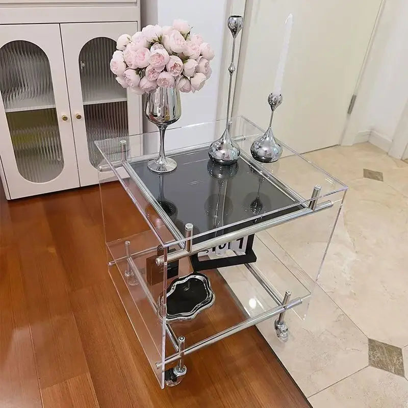 Acrylic Side Table Transparent Trolley Style Living Room Coffee Table Storage Cabinet Mobile Bedside Table Minimalist