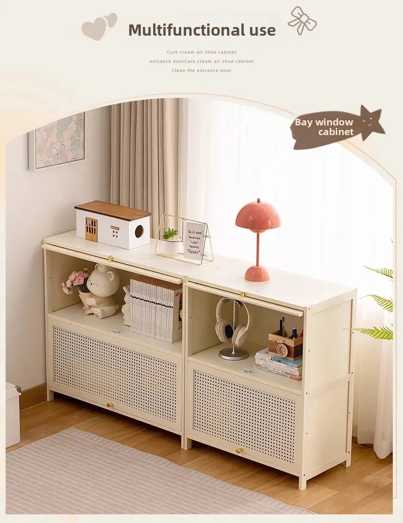 White Living Room Floor Cabinet for Tatami Bay Window Storage Cabinet Multifunctional Balcony Organizer Space-Saving Cupboard