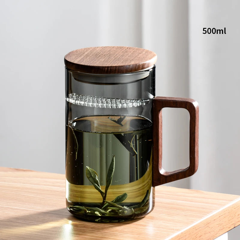 Household Portable Drinkware Transparent Glass Cup Wooden Handle Coffee Mug Kitchen Tea Making Cup Coffeeware Teaware