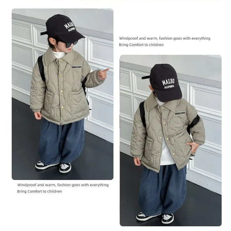 Autumn Kids Cotton Jacket Winter Boys Solid Color Thick Plus Velvet Warm Coat For 3-10 Years Teen Children Outerwear Clothing ﻿