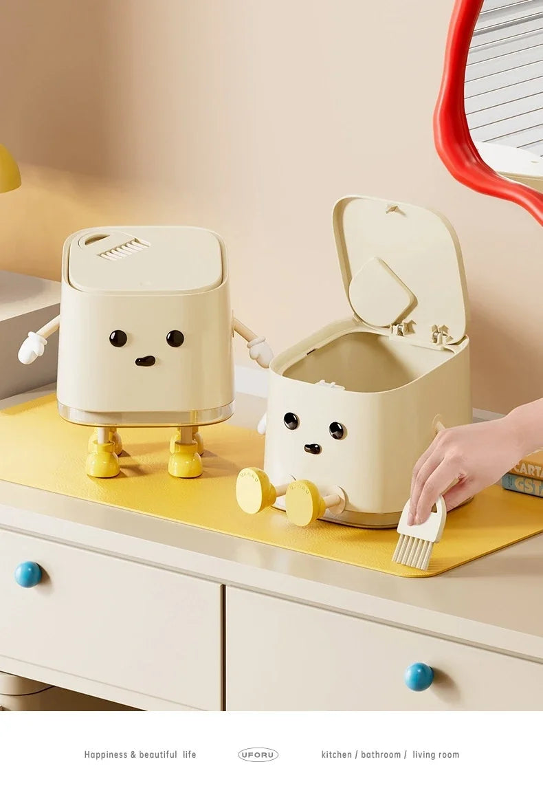 1pcs Desktop Mini Trash Can Press To Open The Cover Plastic Trash Can Household Living Room Bedroom Rubbish Storage Bucket