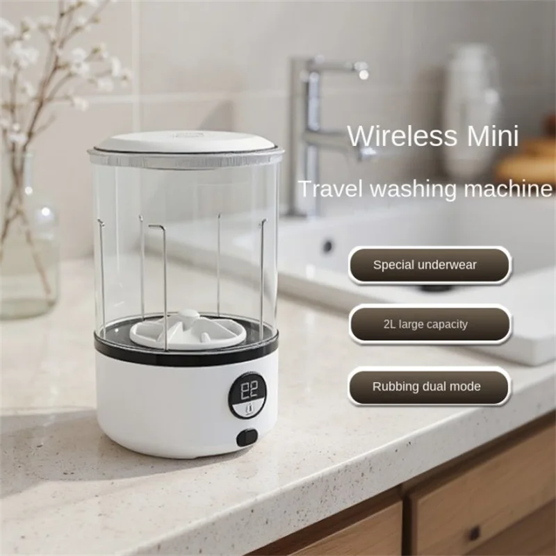 A White 2L Mini Washing Machine, 2000Mah, Fully Automatic Portable Turbine Led Washing Cup and Compact for Children's Clothing, Underwear, and Socks