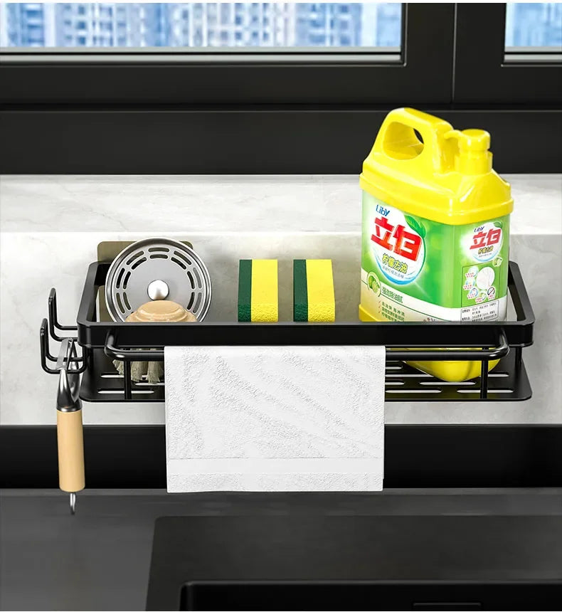 Aluminum Kitchen Storage Rack No-drill Sink Drain Rack Self-draining Sink Shelf Sponge Holder Dishcloth Towel Rack Filter Basket