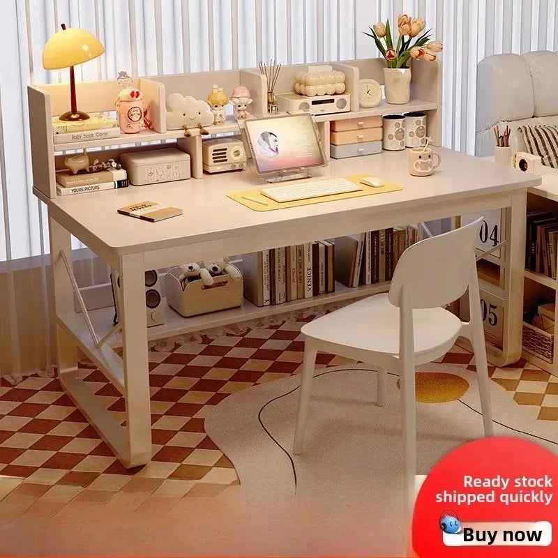 Solid Wood Computer Desk Household Desk Bookshelf Integrated Student Learning Desk Rental House Simple Office Table and Chair