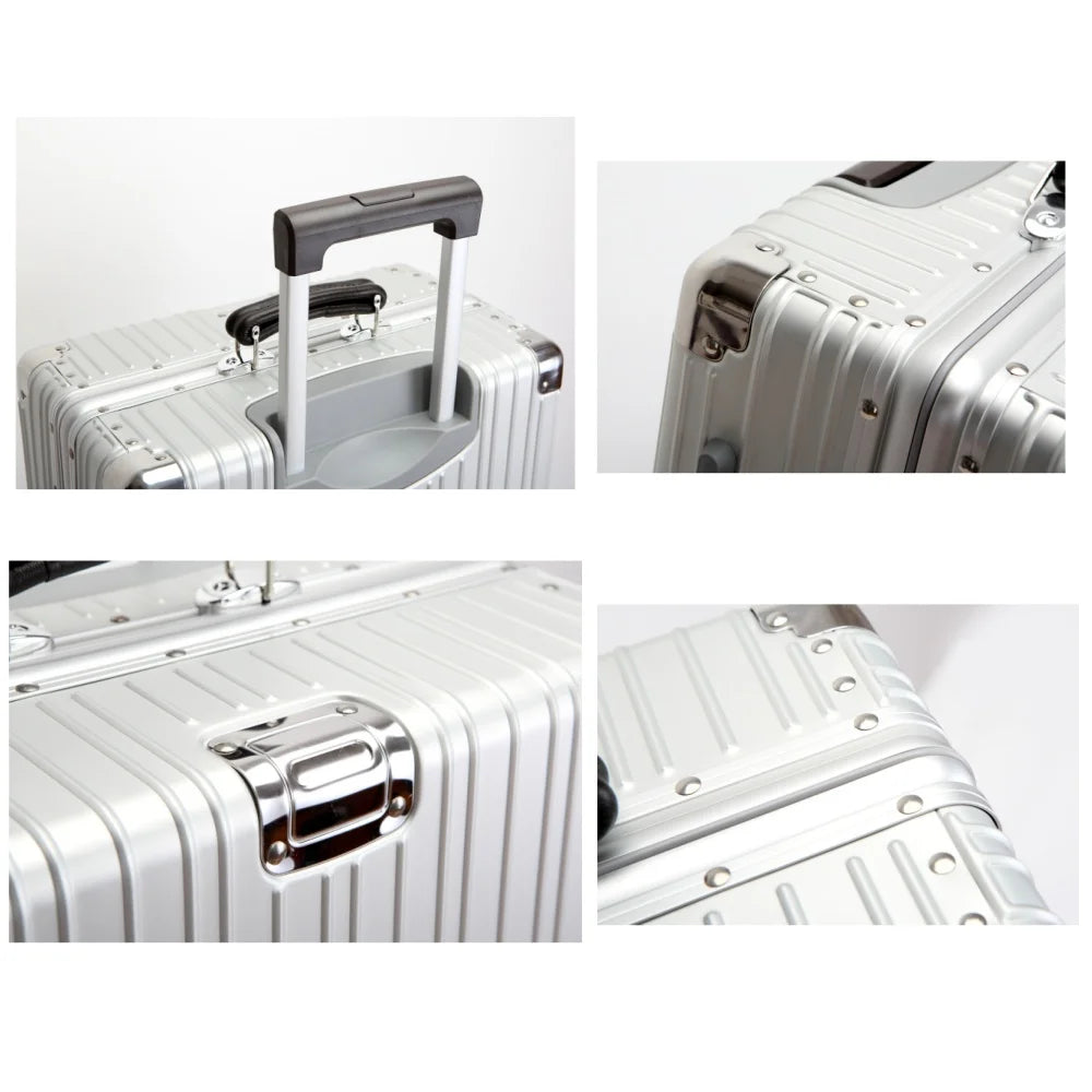 Top Quality Aluminum-Magnesium Alloy Vintage Suitcase, 20/24/26/29 Inch Lightweight Travel Trolley Luggage With Leather Handle