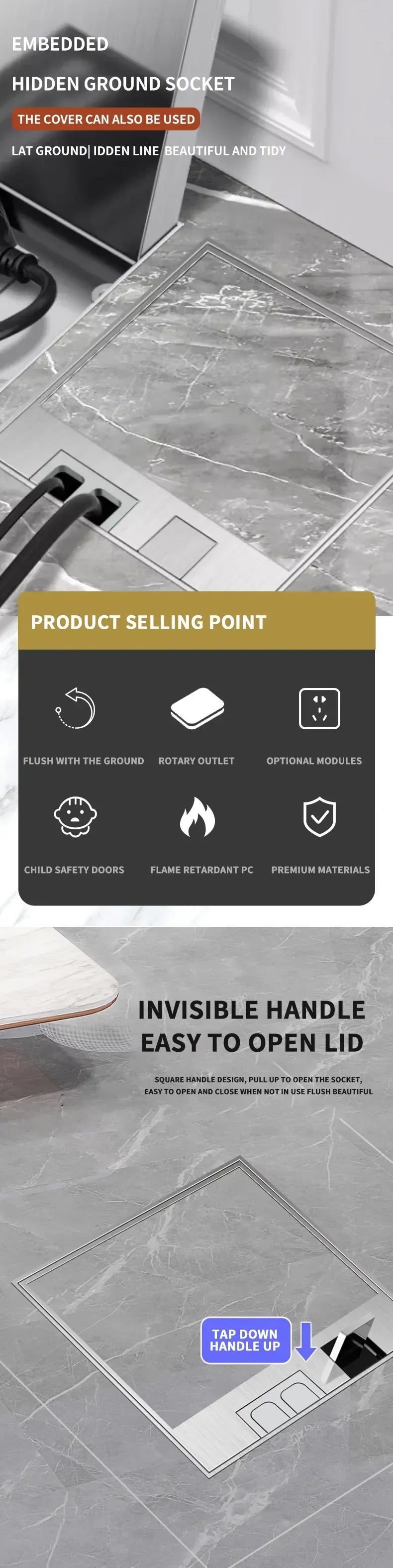 Modern Flat Floor Socket 130mm- Embedded with USB Ports, 304 Stainless Steel - Waterproof Integration with Marble Flooring