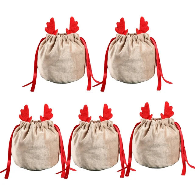 5/10 Christmas Reindeer Drawstring Gift Bag, Reusable Velvet Santa Claus Candy Gift Bag, Party Gift Decoration
